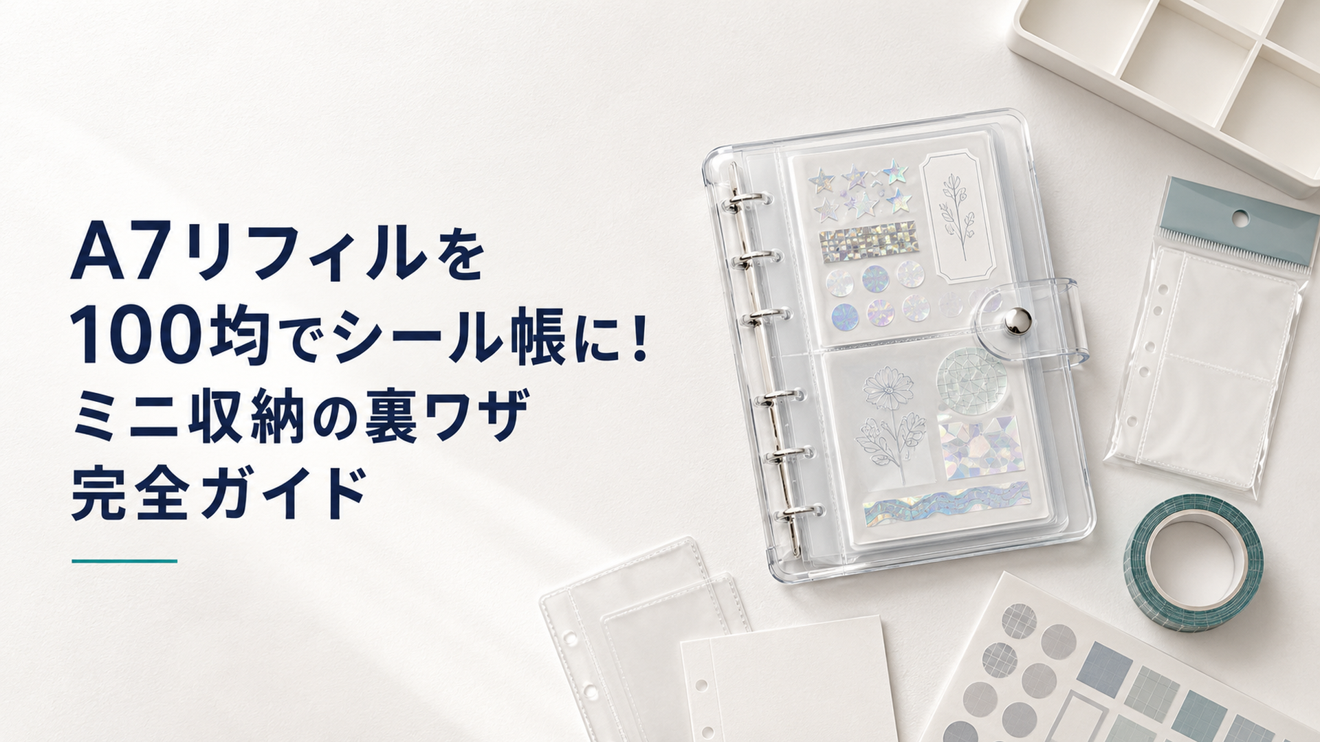 キラキラのホログラム台紙が入ったA7サイズの透明シール帳と、100均の商品が机に並ぶ俯瞰シーン