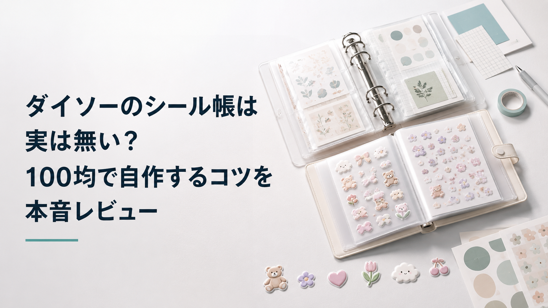 ダイソーの透明リングファイルとミニアルバムでつくった手作りシール帳、ぷっくりシールが並ぶ机の上