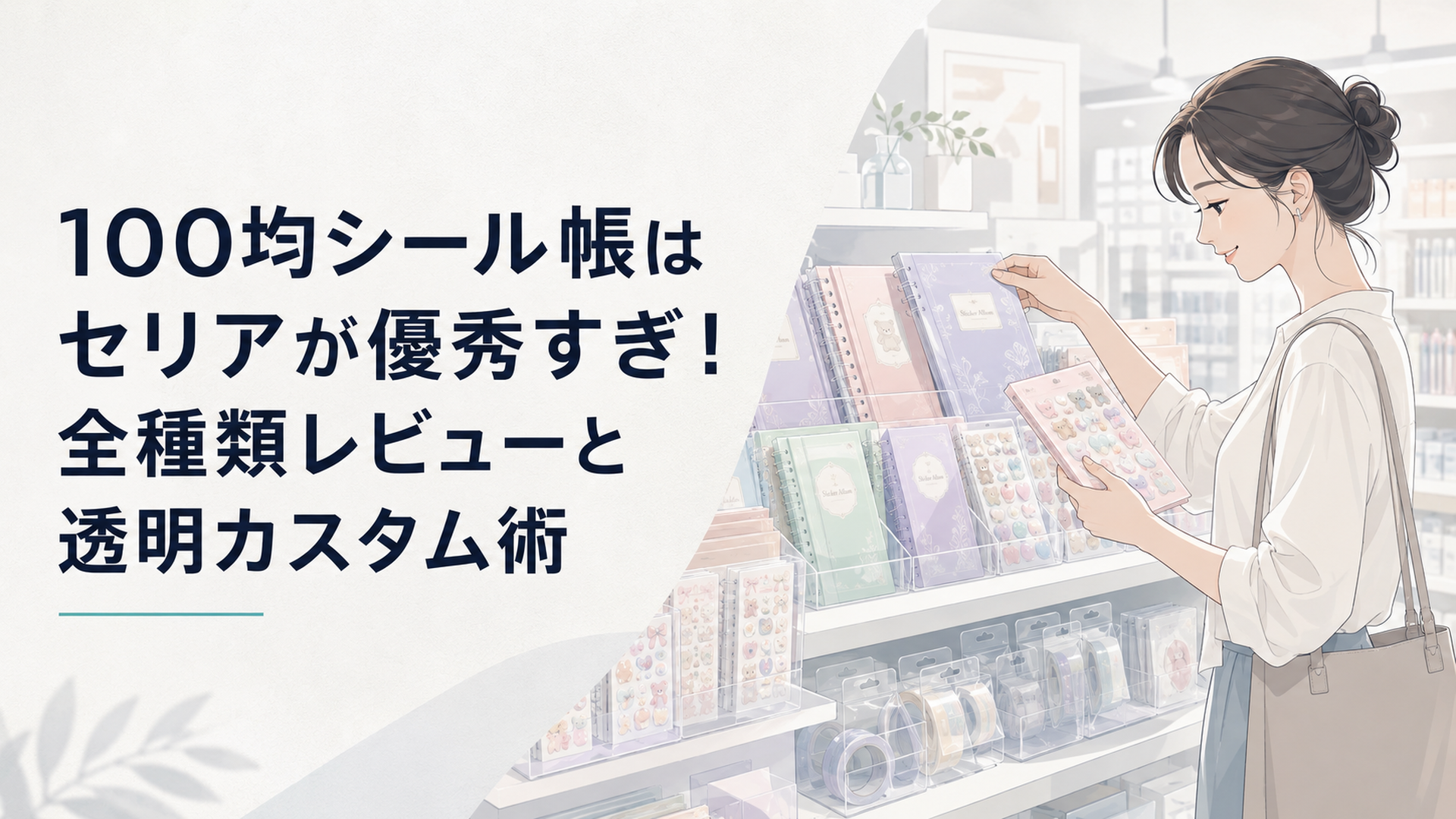 セリアの文具コーナーに並ぶパステルカラーのシール帳とぷっくりシールを手に取る女性