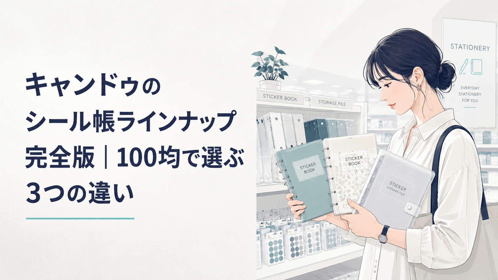 キャンドゥの売り場でリング状のシール帳3冊と収納ファイルを並べて手に取る女性のシーン