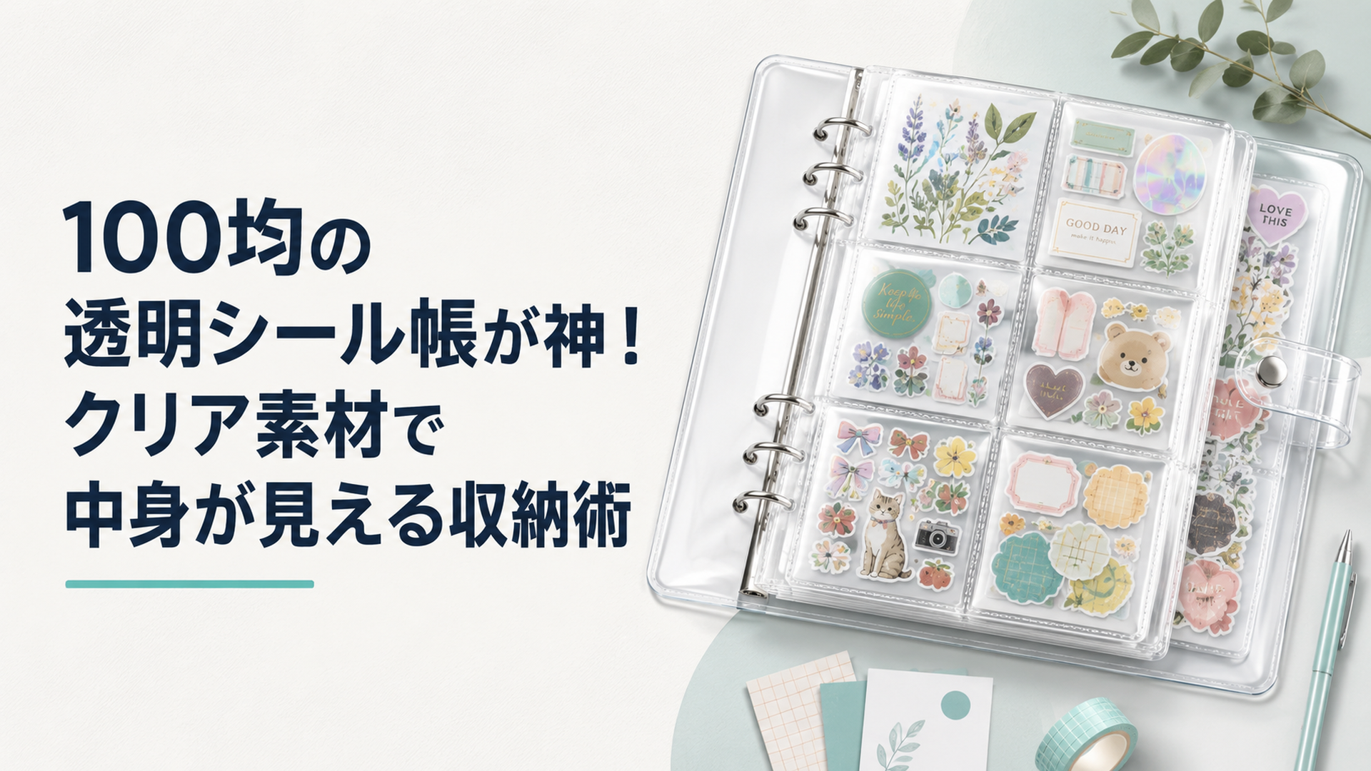 透明なクリアバインダーのシール帳にカラフルなシールがぎっしり並んでいる俯瞰シーン