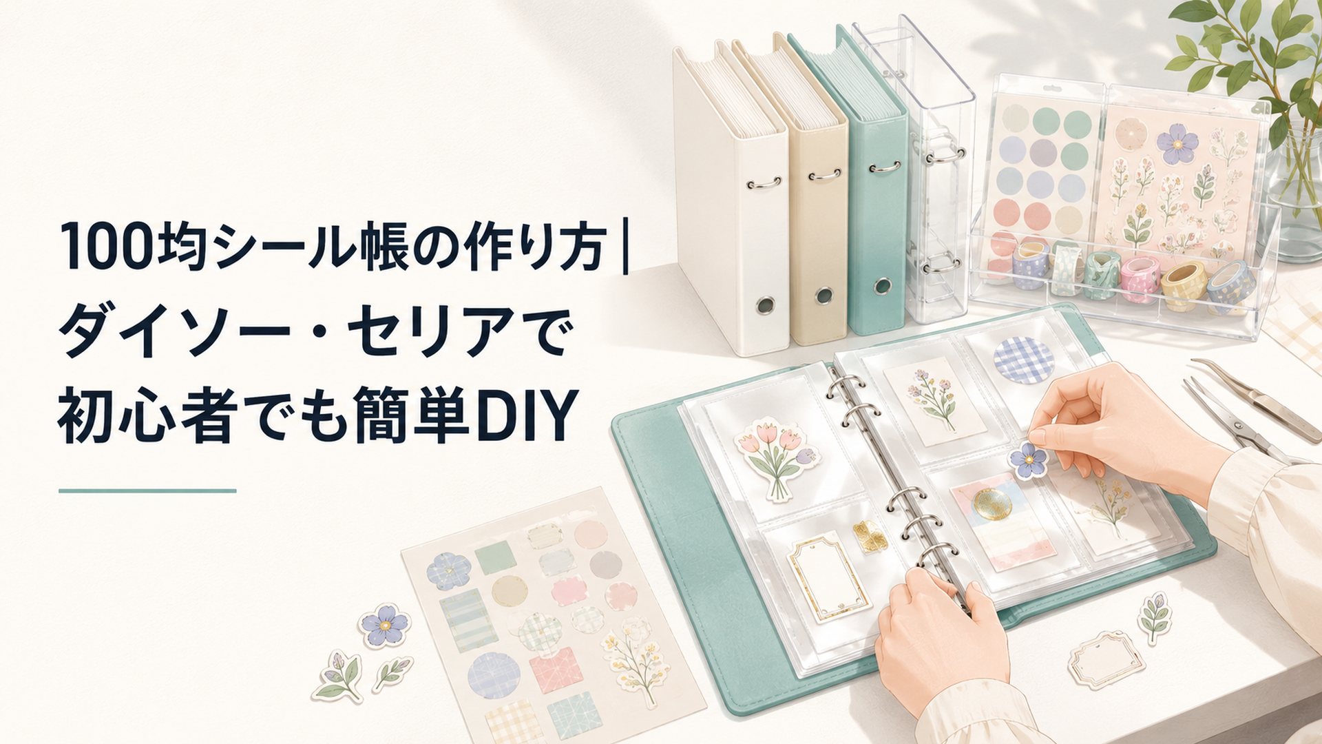 ダイソーとセリアの6リングファイルとカラフルなシールを並べて手作りシール帳を作っている明るい机の上のシーン
