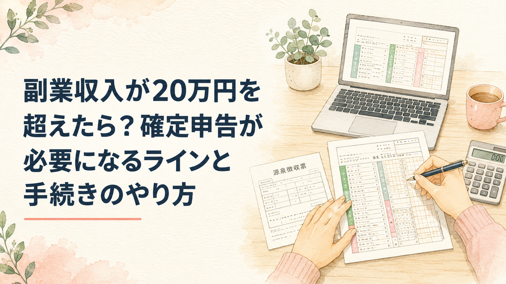 ノートパソコンと源泉徴収票を前に、確定申告書を作成しようと机に向かう人の手元