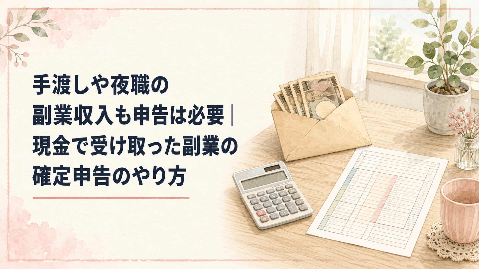机の上に置かれた現金の入った封筒と電卓、確定申告書の用紙、静かな室内