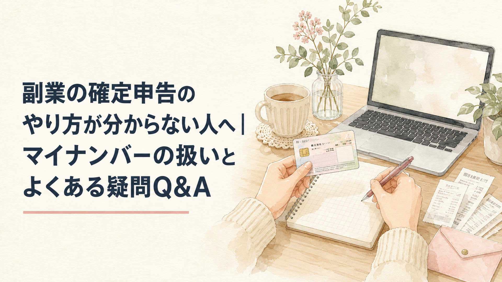 ノートパソコンとマイナンバーカード、領収書を前に確定申告の準備をする人の手元