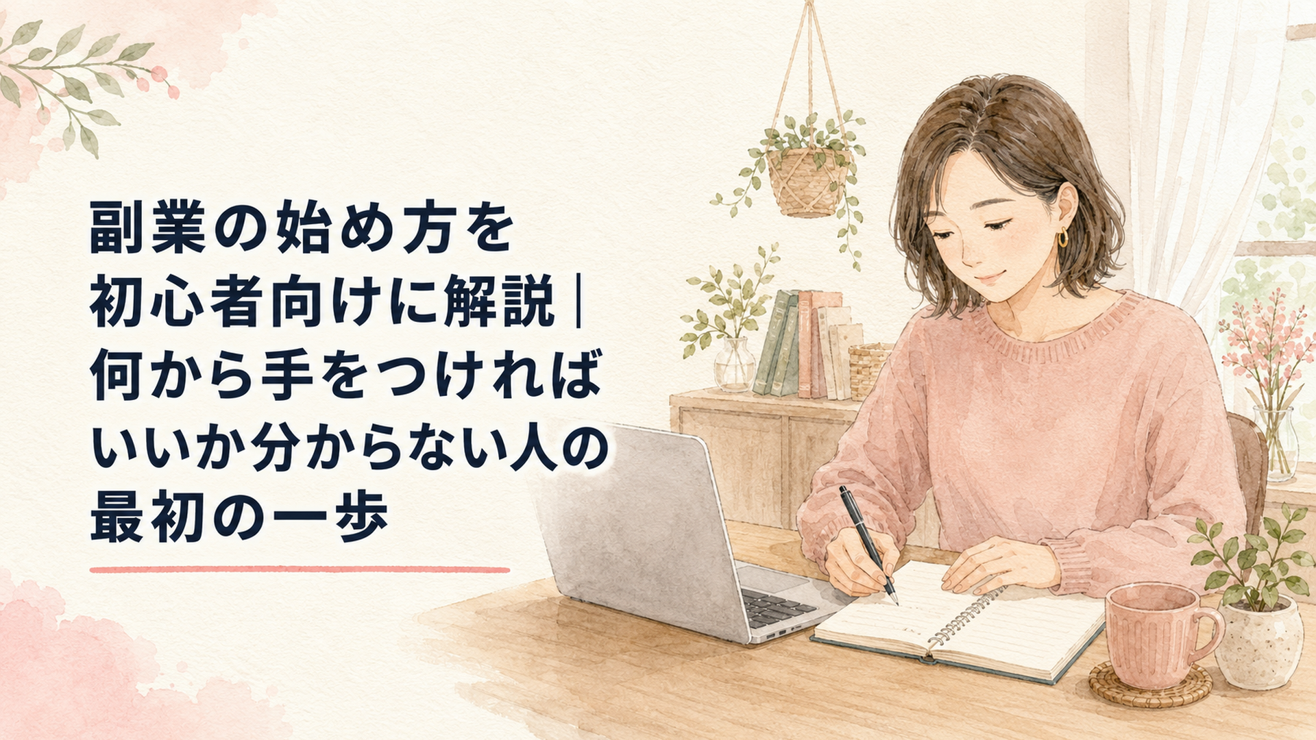 ノートパソコンとノートを前に、副業の計画を穏やかな表情で書き始める30代の人の机の風景