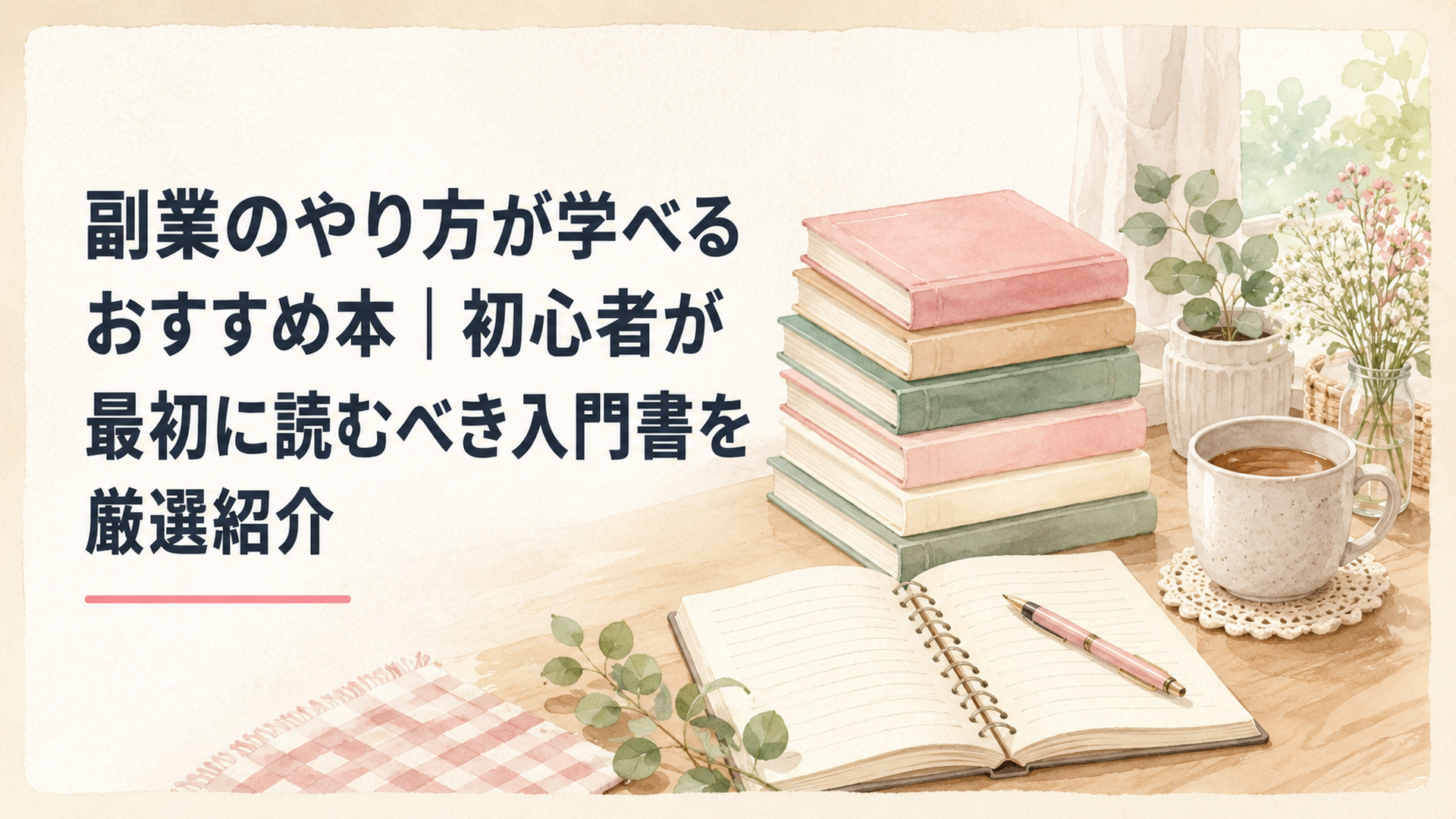 机の上に副業の入門書が数冊積まれ、ノートとペン、温かい飲み物が置かれた穏やかな学びの風景
