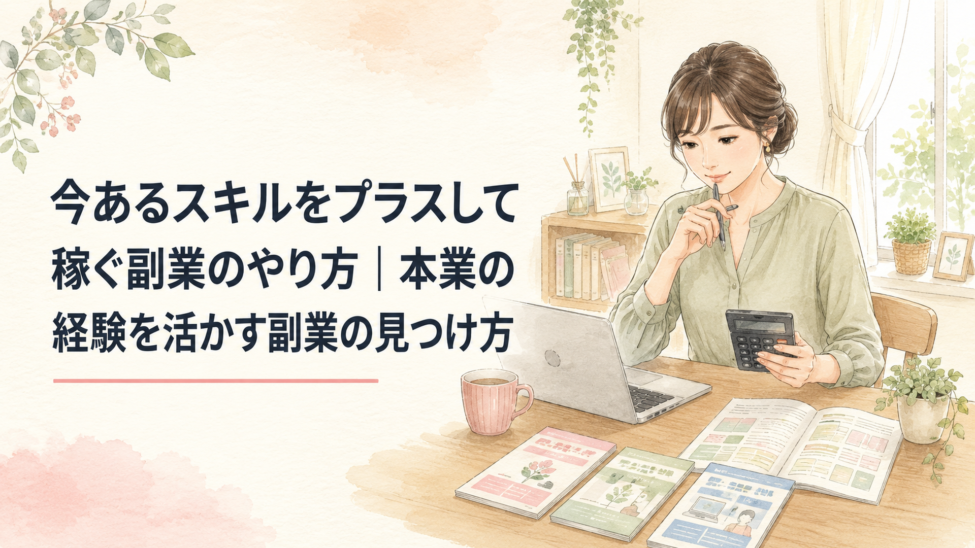自宅のデスクでノートパソコンとスクールの資料を並べ、電卓を手に受講費用をじっくり検討している30代会社員の穏やかな風景