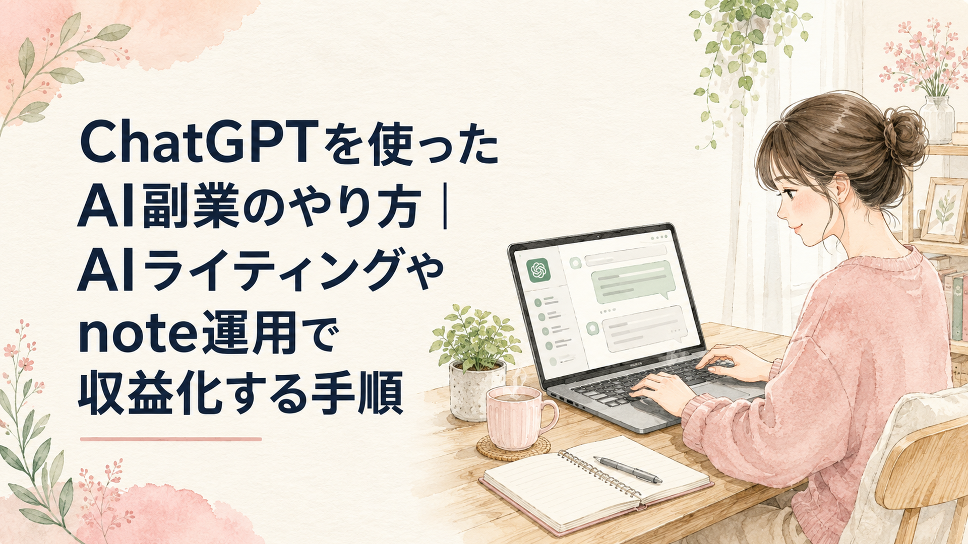 ノートパソコンでChatGPTの画面を開き、穏やかな表情で文章を整えている在宅ワーク中の女性のデスク風景