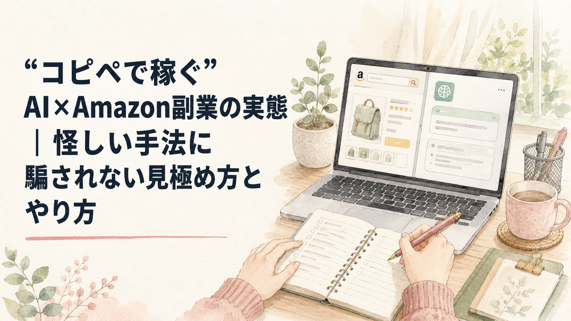 ノートパソコンでAmazonの画面とAIツールを見比べながら、慎重にメモを取る女性の手元