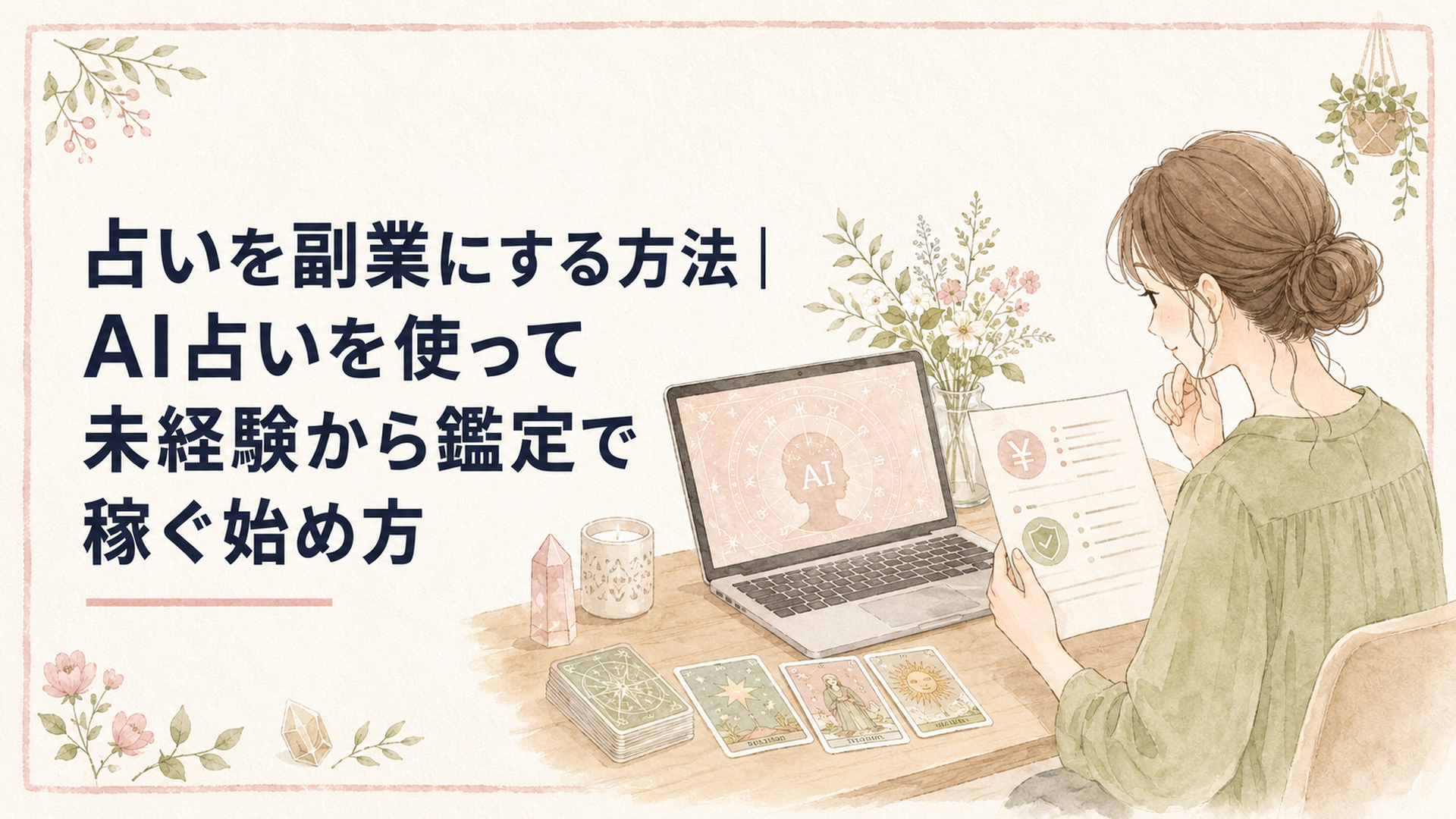 パソコンとタロットカードを前にAI占い副業の料金と規約を確認する女性