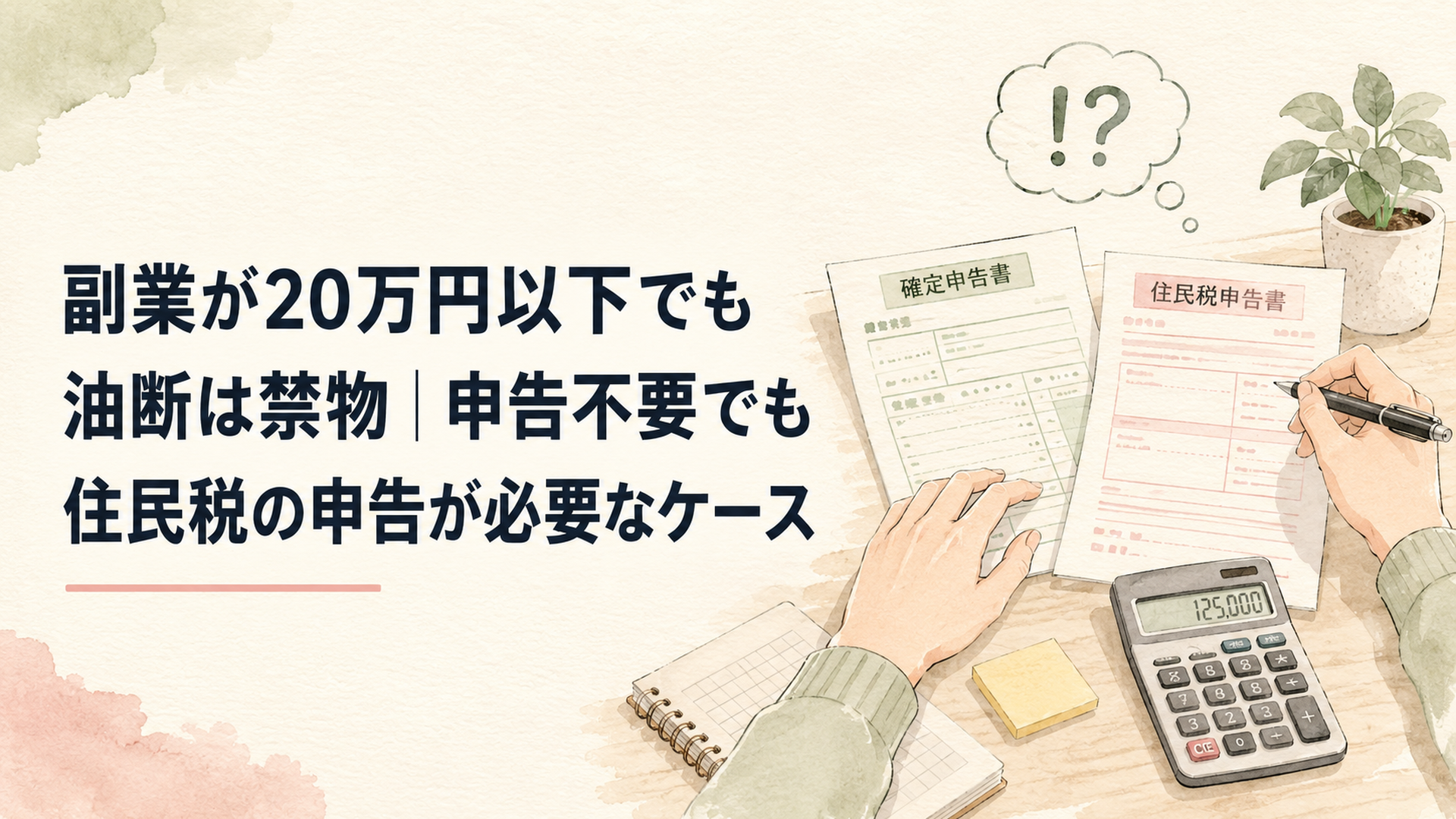 副業の書類と電卓を前に、確定申告と住民税申告の違いに気づいて考え込む会社員の手元
