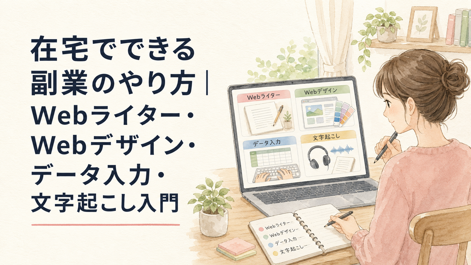 自宅の机でWebライター、Webデザイン、データ入力、文字起こしの特徴を比較している様子