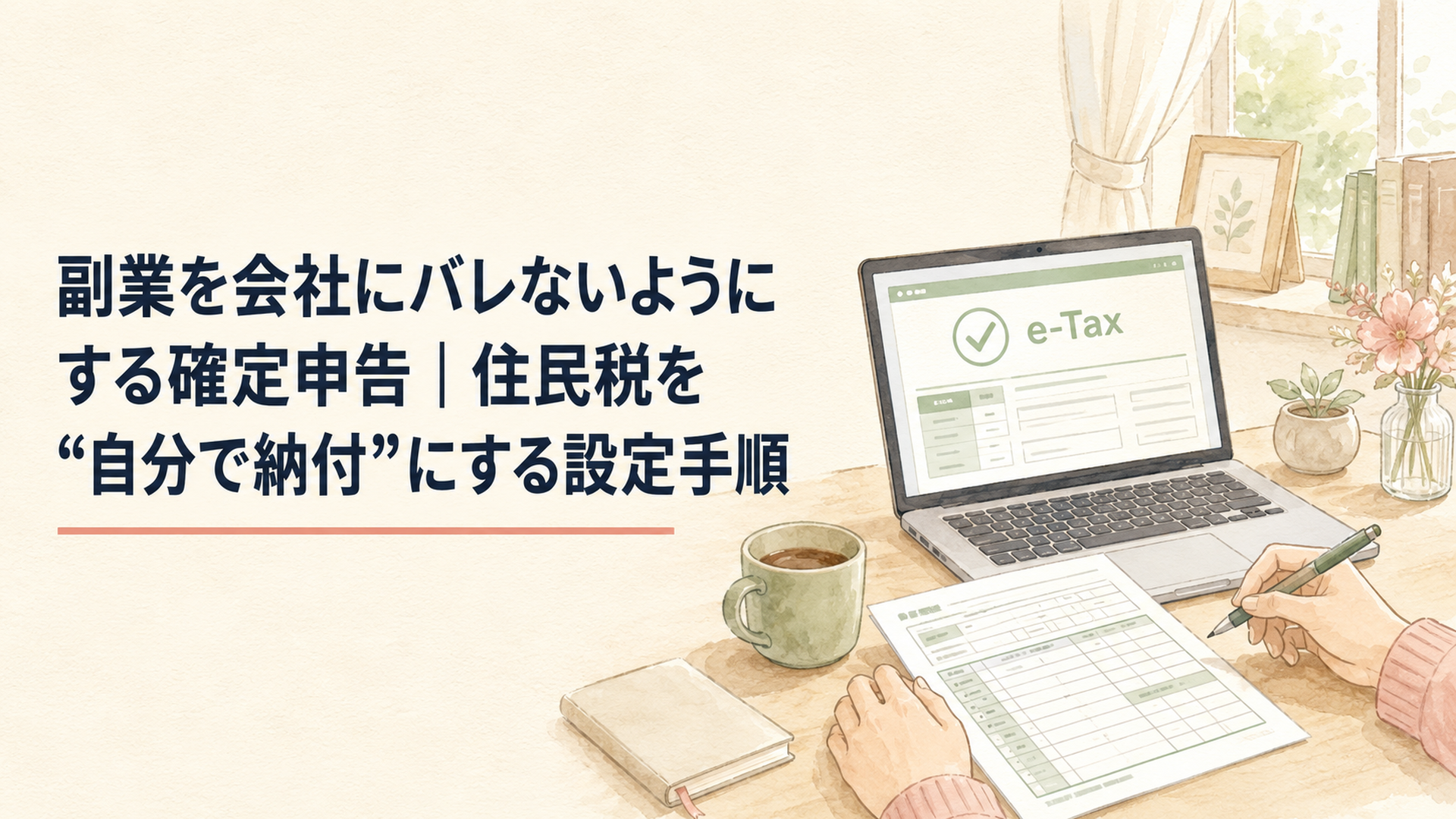 確定申告書とパソコンのe-Tax画面を前に、住民税の納付方法を確認している人の手元。落ち着いた在宅ワークの雰囲気