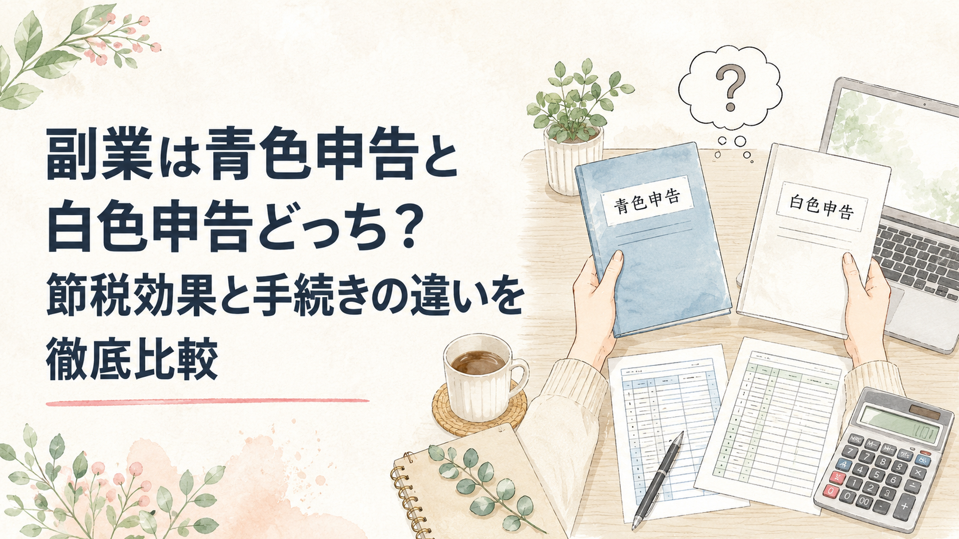 机の上に確定申告書と電卓、ノートパソコンを広げ、青色と白色のフォルダを見比べながら考える人の手元
