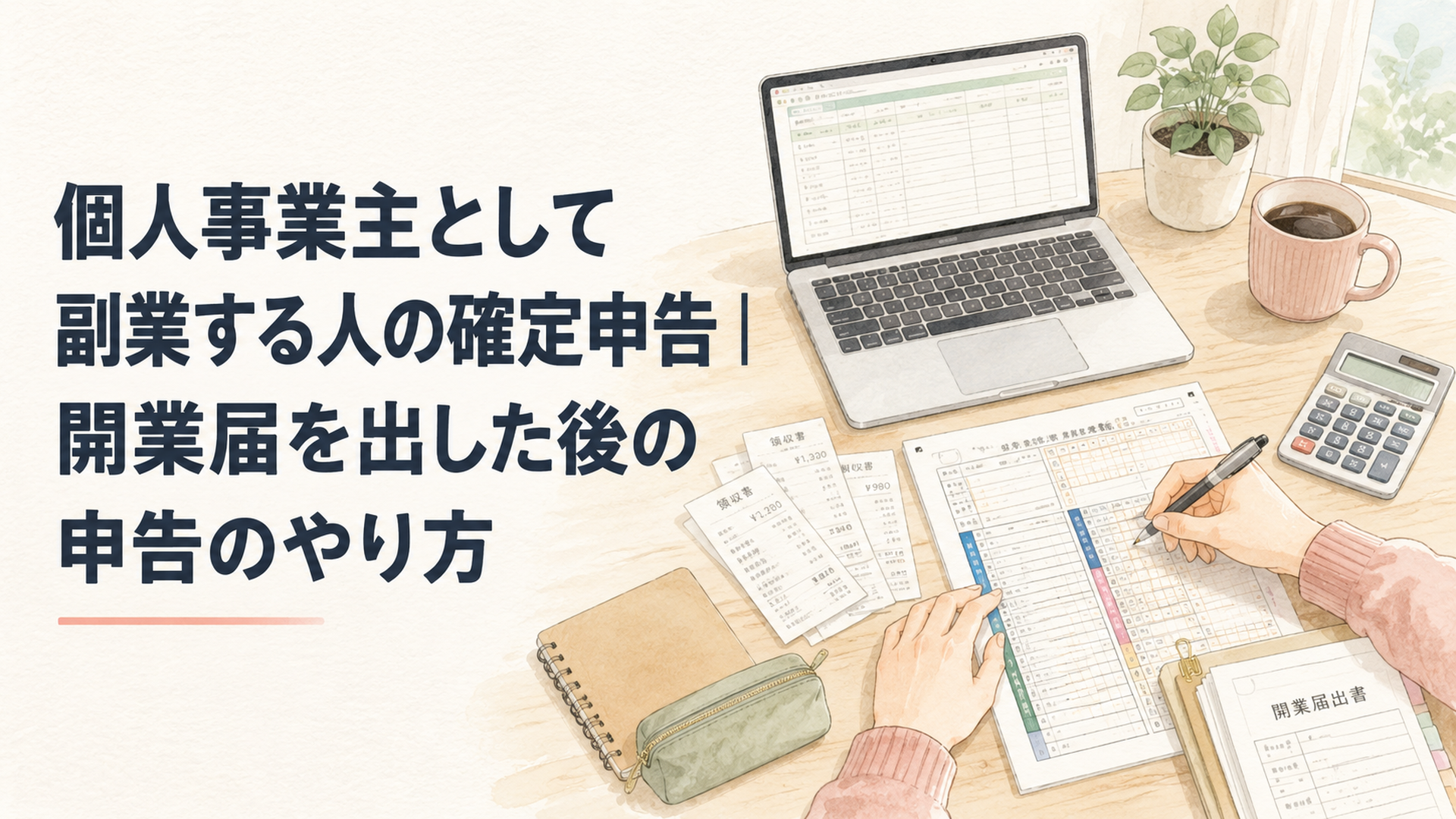自宅の机でノートパソコンと領収書を広げ、確定申告書類を作成している副業ワーカーの手元