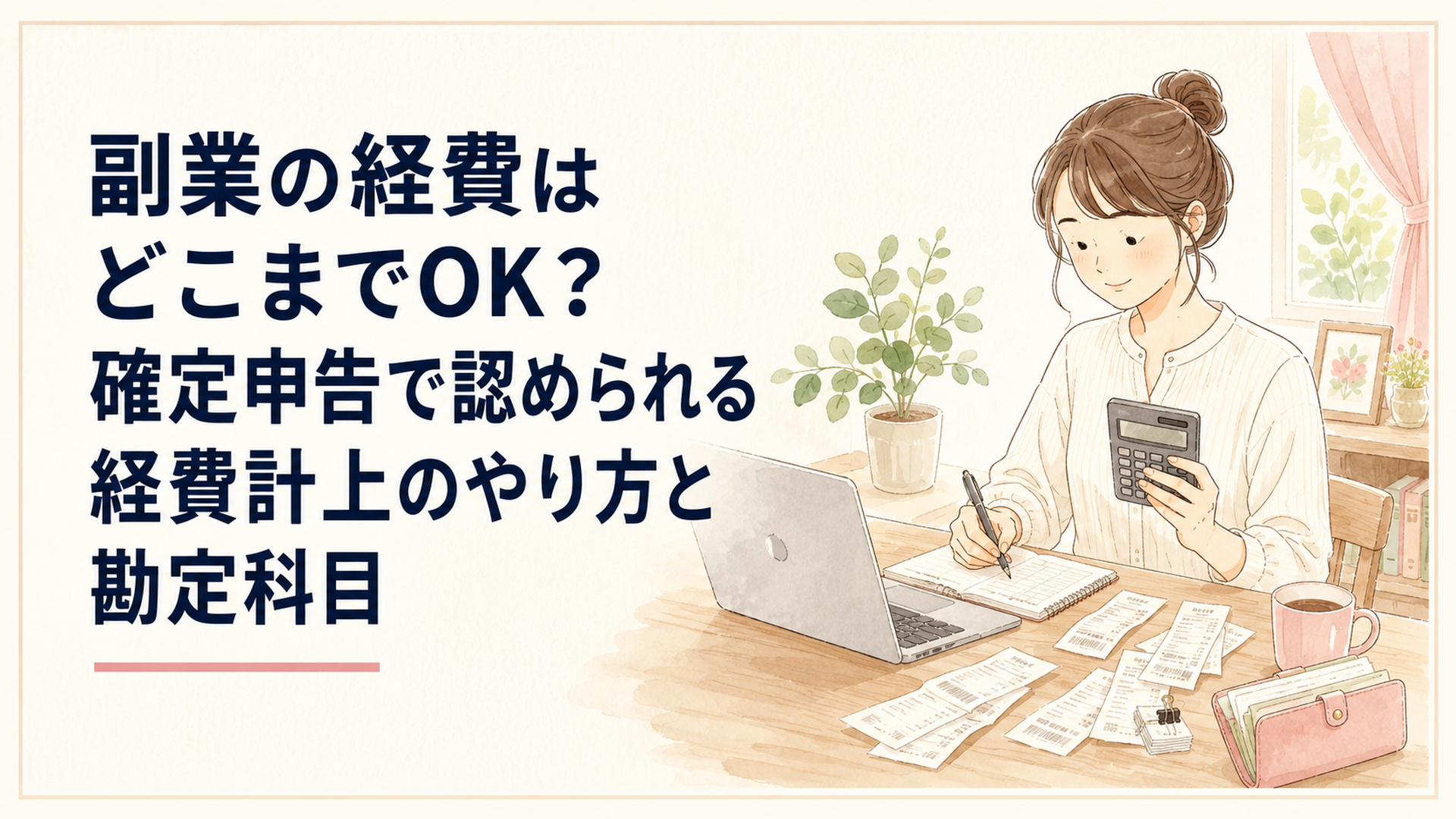 机の上で領収書とノートパソコンを前に、電卓を手に確定申告の準備をしている在宅ワークの様子