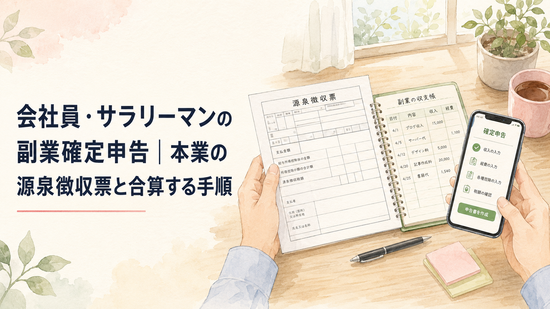 机の上に本業の源泉徴収票と副業の帳簿、スマホの確定申告アプリを並べて見比べている会社員の手元