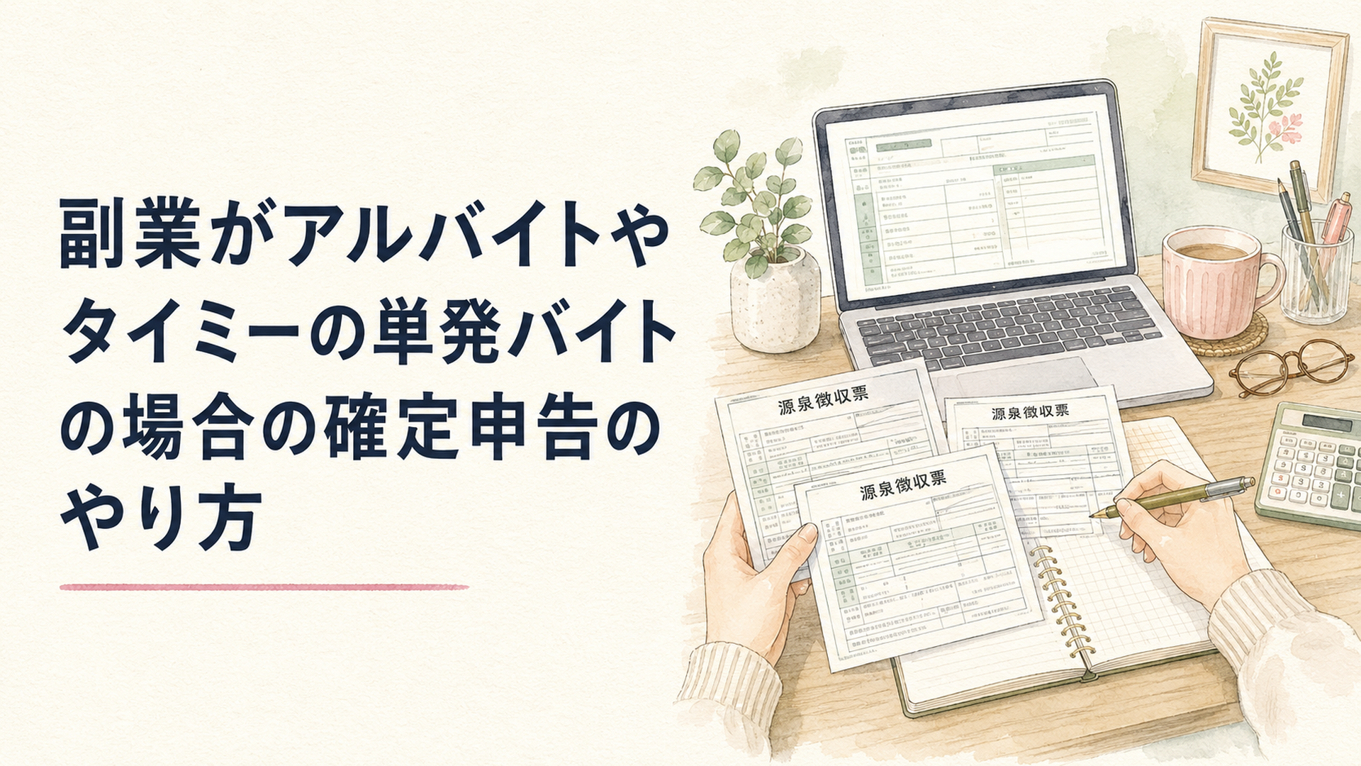 ノートパソコンと複数の源泉徴収票を前に、確定申告の準備をする人の手元