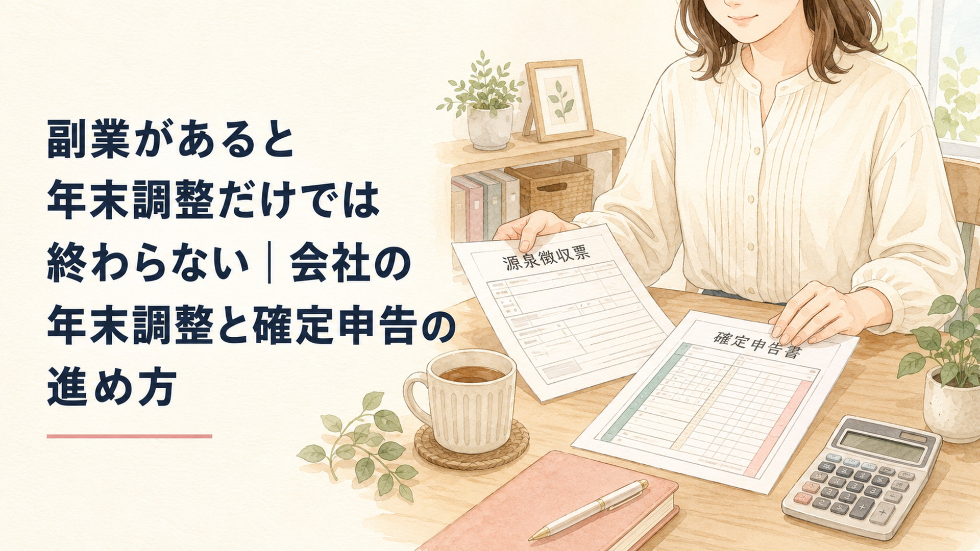 自宅の机に源泉徴収票と確定申告書、電卓を並べて年末の税金手続きを整理する会社員の手元