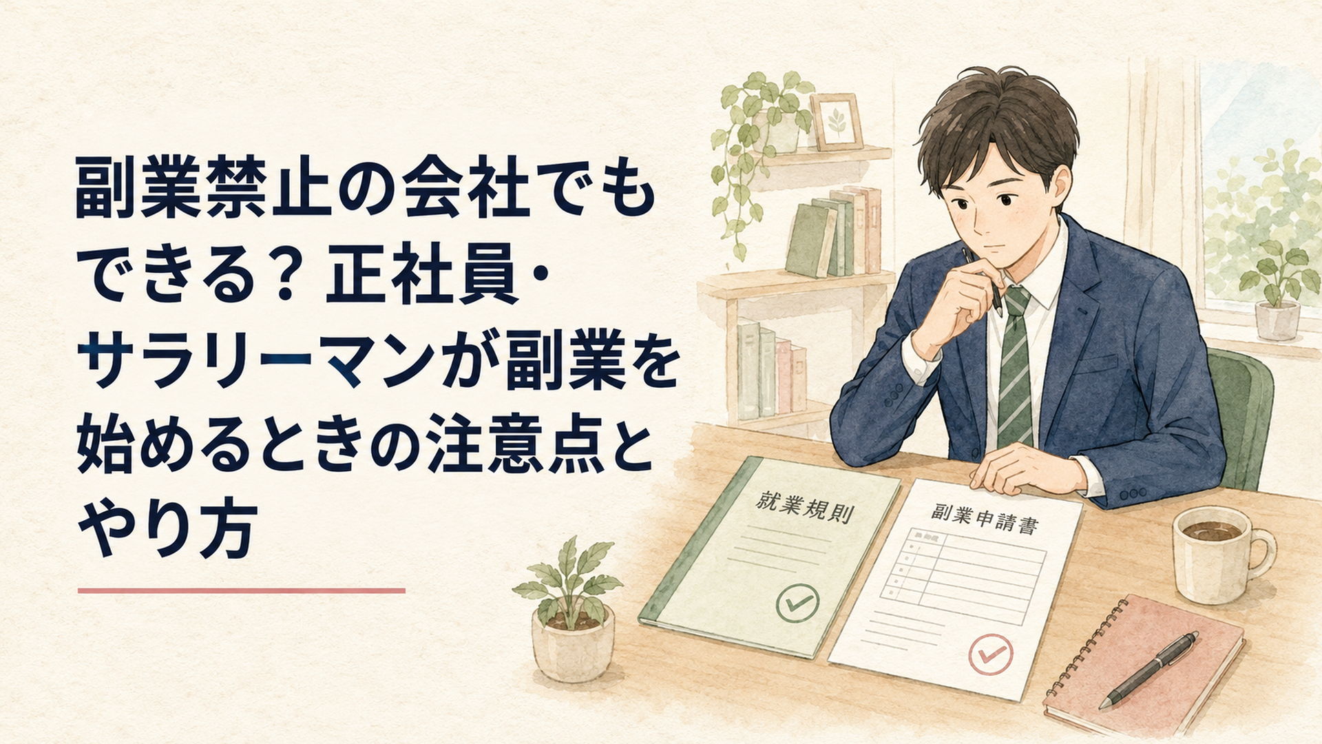 就業規則と副業申請書を机に並べて確認する会社員