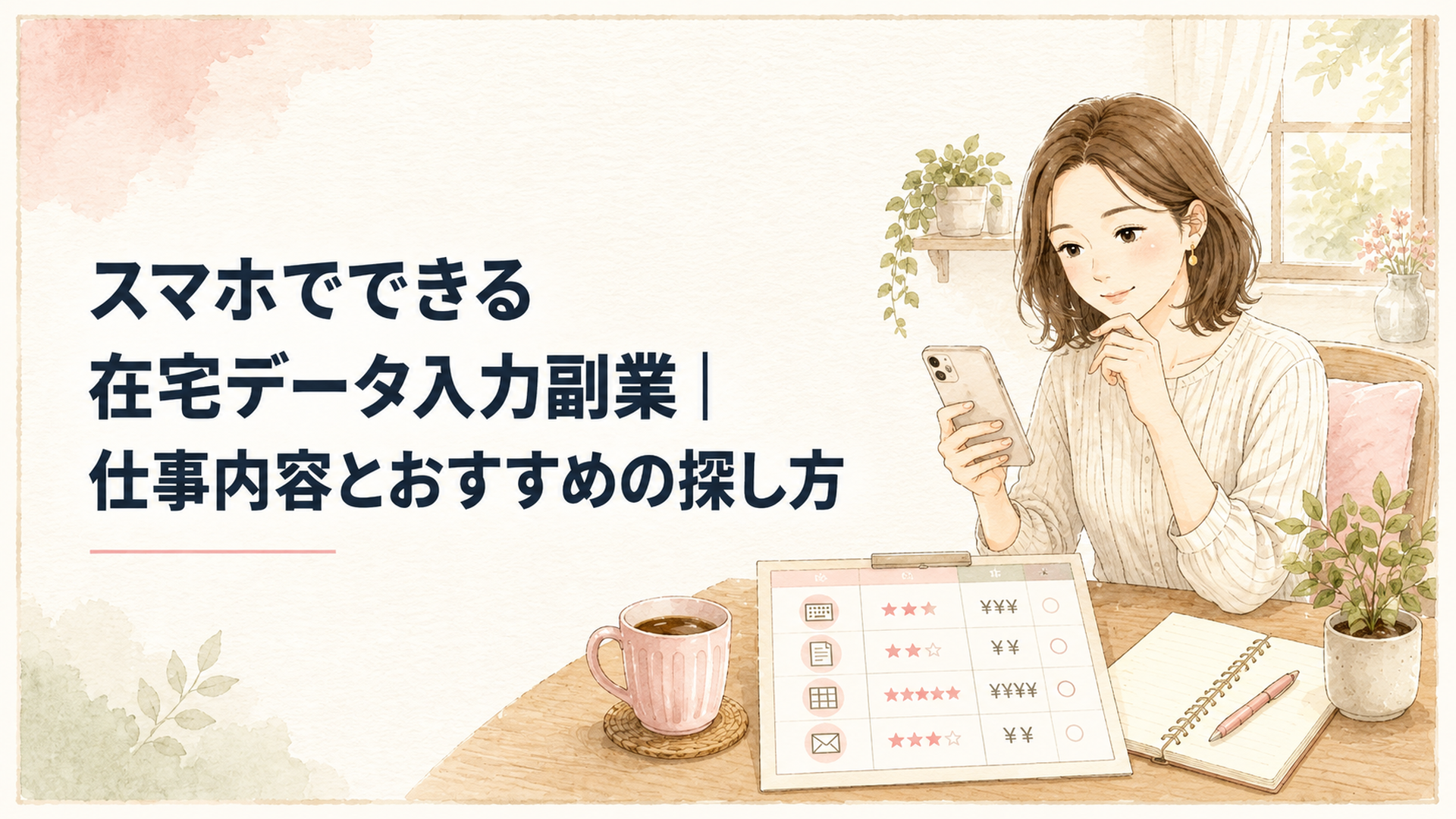 自宅の机でスマートフォンのデータ入力案件と報酬条件を比較する30代女性