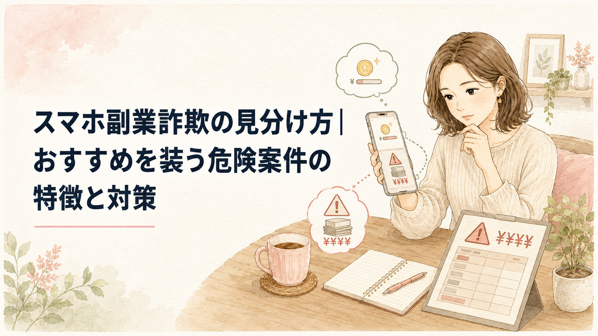スマホ副業で受け取った少額報酬と高額請求の画面を慎重に確認する女性
