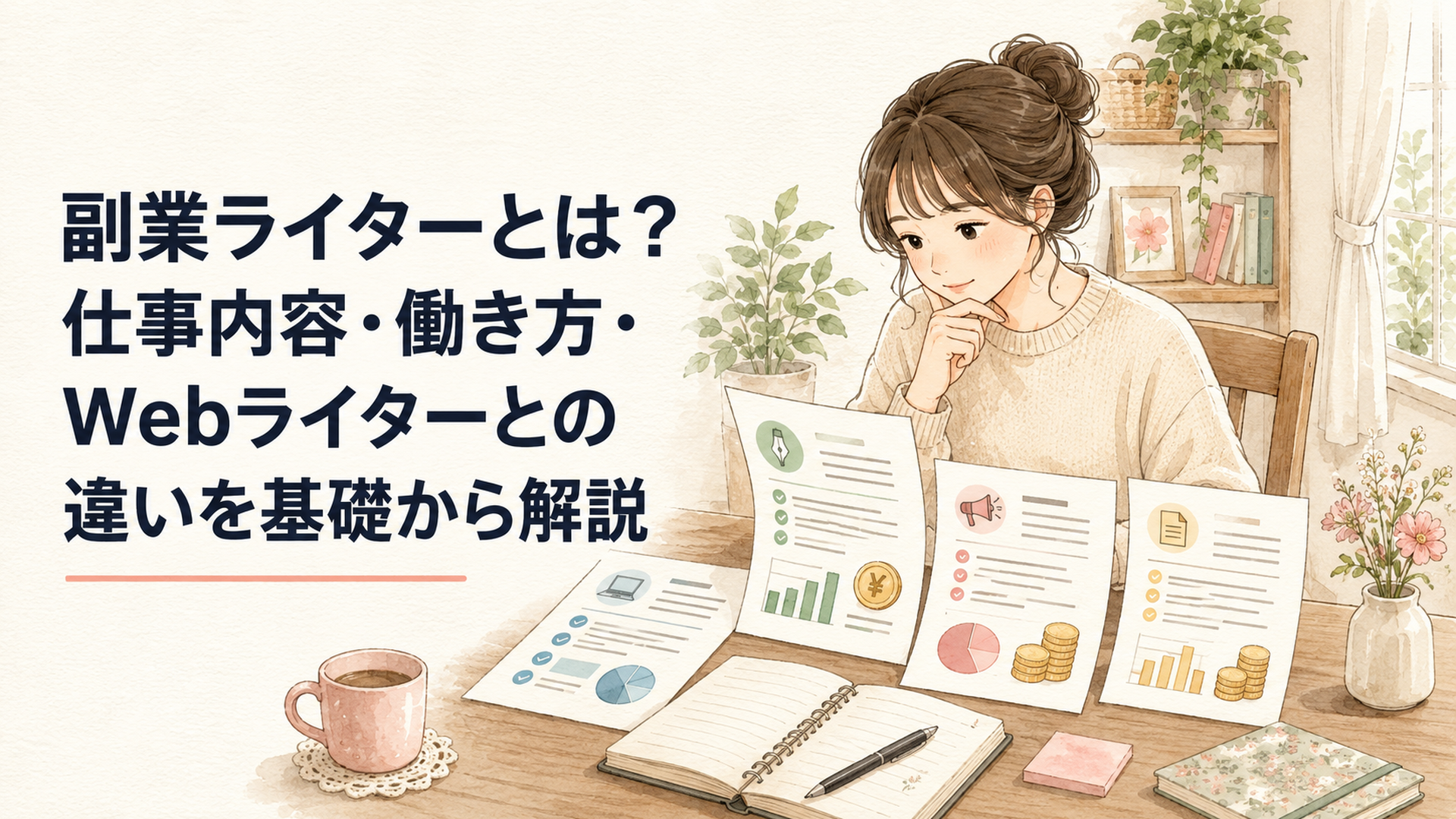 複数の求人票を並べて仕事内容と報酬を比較する副業ライター志望の女性