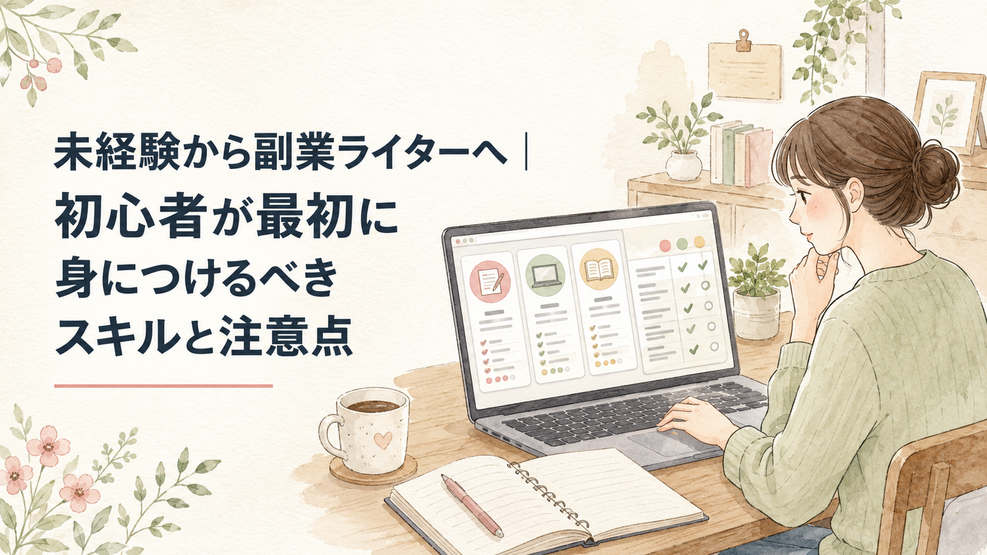 自宅の机でクラウドワークスの未経験向け副業ライター案件を比較する会社員