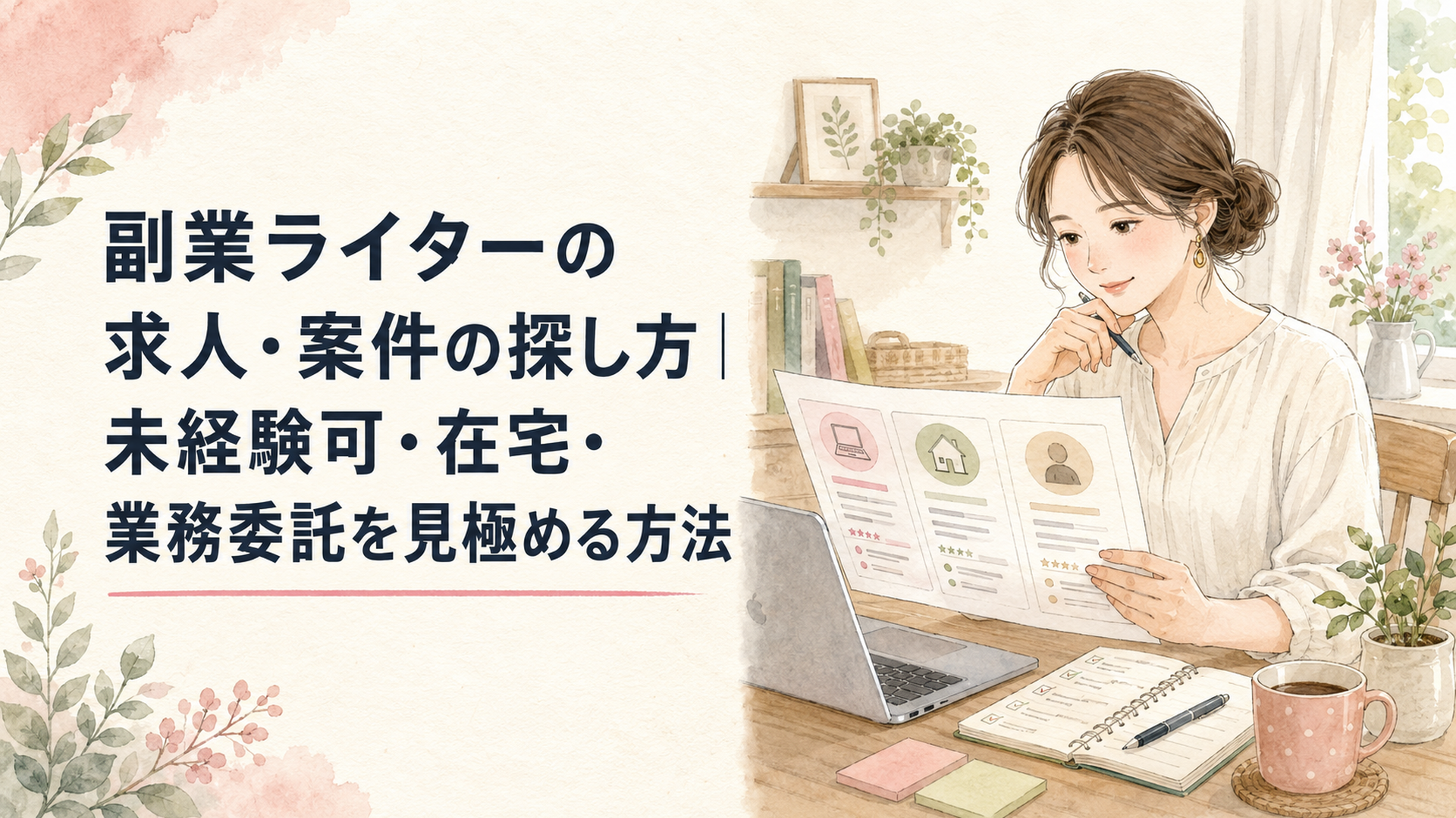 自宅の机で副業Webライターの求人票を開き、仕事内容や在宅条件を丁寧に比較する30代女性