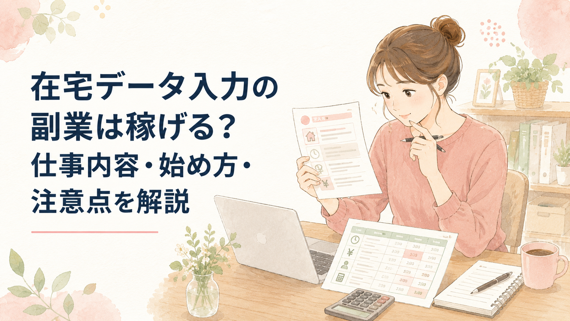 自宅の机で在宅データ入力の求人票と実質時給の計算表を比較する人物