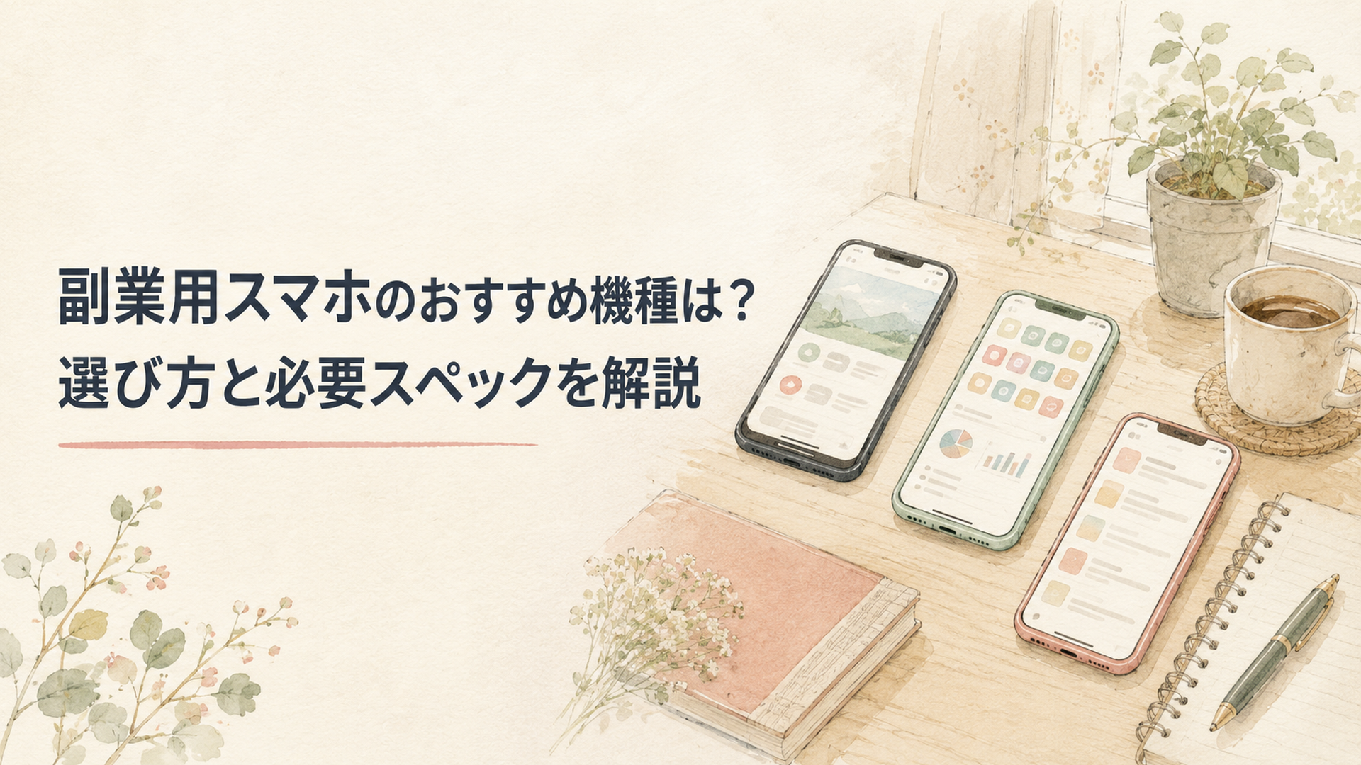 7台の副業向けスマホをスペック表と見比べる場面