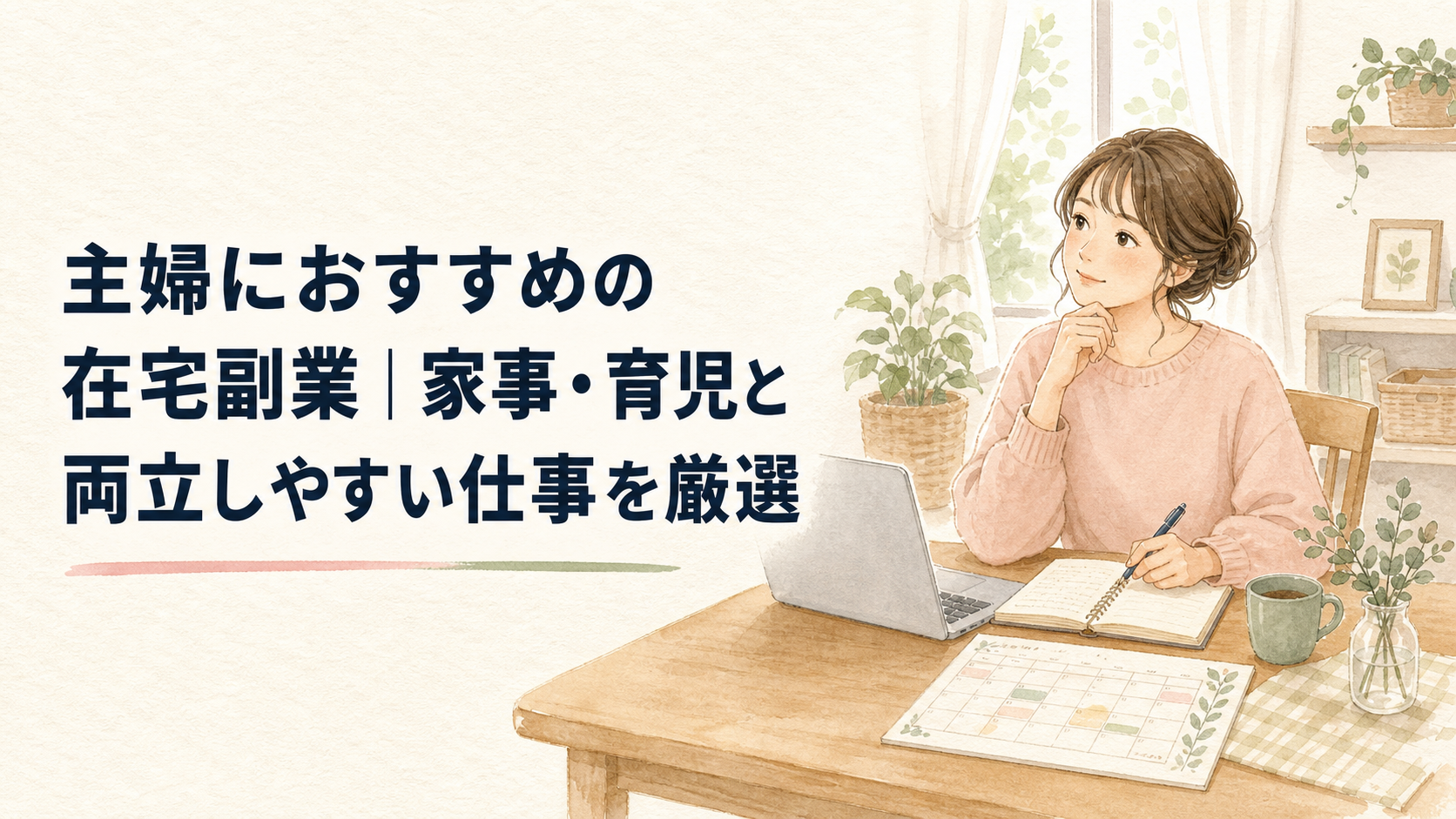 自宅のダイニングテーブルでノートパソコン、手帳、家事の予定表を広げ、在宅副業を検討する女性