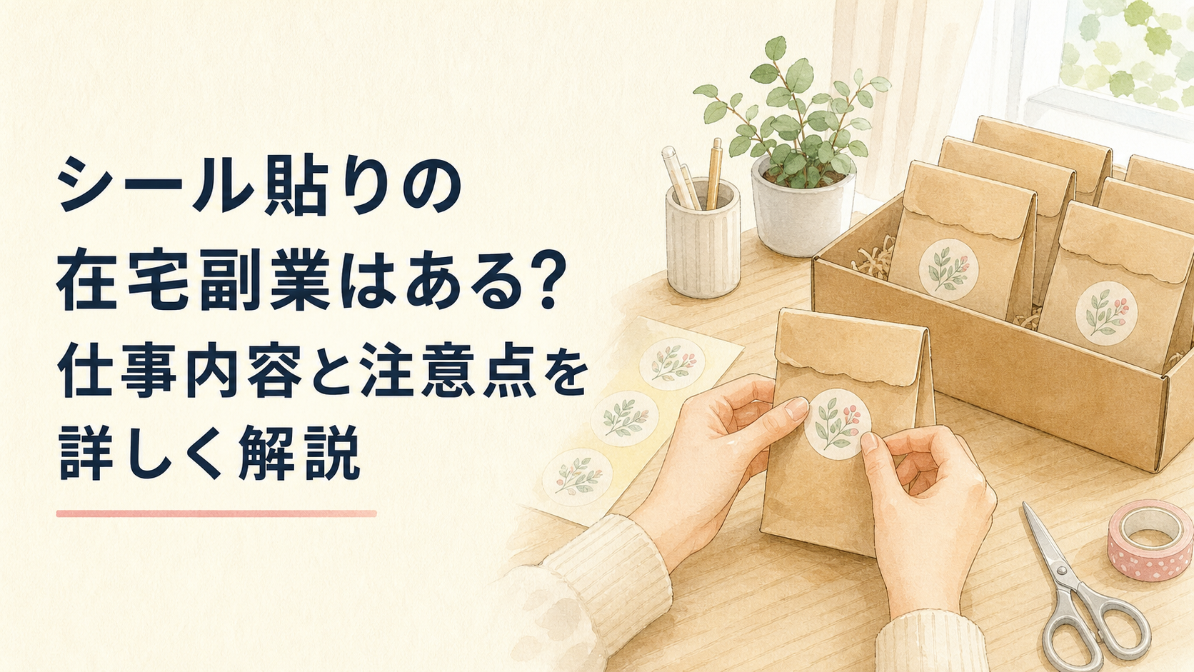 明るい自宅の作業机で、雑貨の袋にシールを丁寧に貼り、完成品を箱に分けている手元