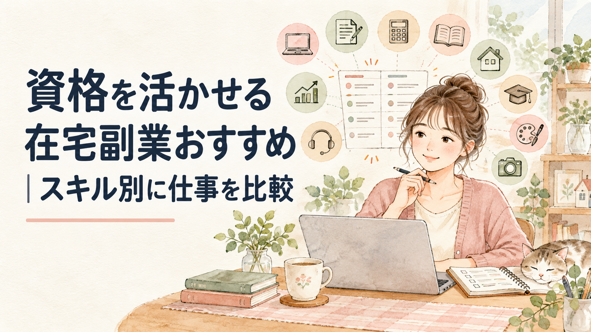 自宅のデスクでノートパソコンを開き、10種類の資格と在宅副業の仕事を比較している30代の女性